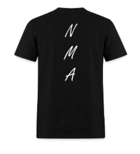 Black t-shirt with 'NMA' printed on the back against a white background